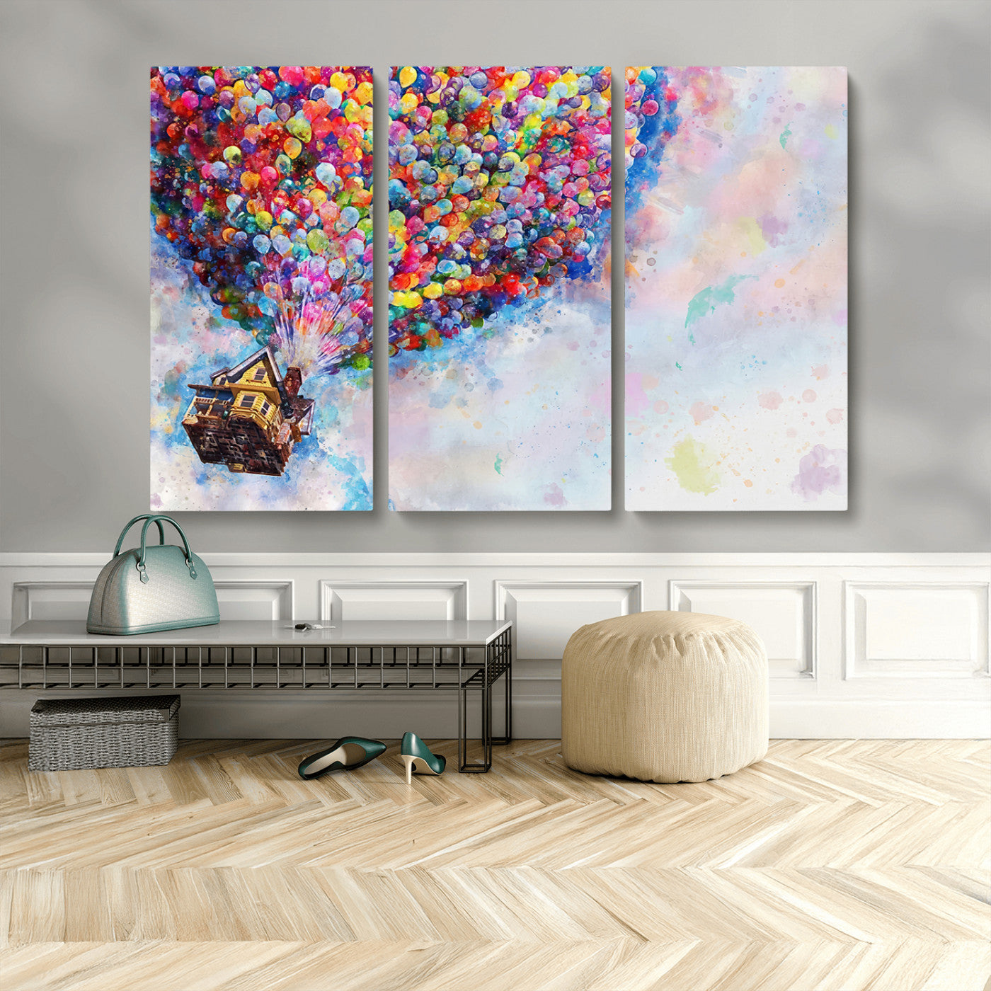 MGV-CV-48X32-3P - Don't Look Up Movie Canvas Wall Art - Vibrant Floating House and Balloons Scene, Tribute to Iconic