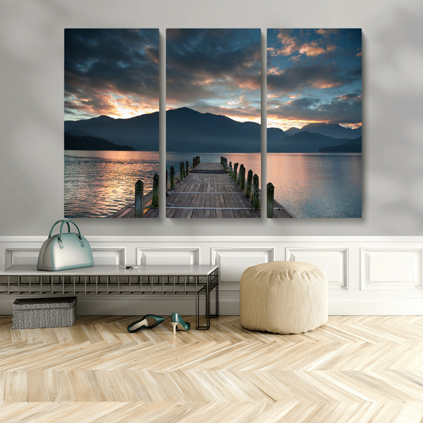 MGV-CV-48X32-3P - Mountain Lake Wood Pier Canvas Wall Art Nature Lake Print