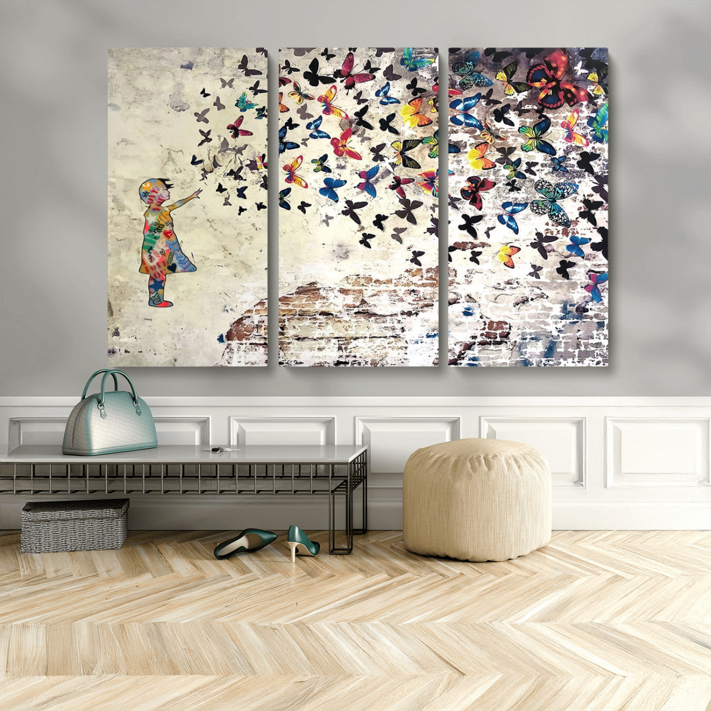 MGV-CV-48X32-3P - Banksy Wall Art - Banksy Girl Butterfly Graffiti Wall Art Canvas Print - Butterfly Girl and Freedom Flight - Vibrant Street Art Print
