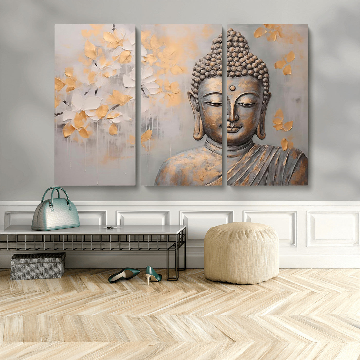 MGV-CV-48X32-3P - Abstract Buddha Statue Wall Art Canvas Print - Modern Meditation Decor for Living Room, Office, Yoga Studio Decor