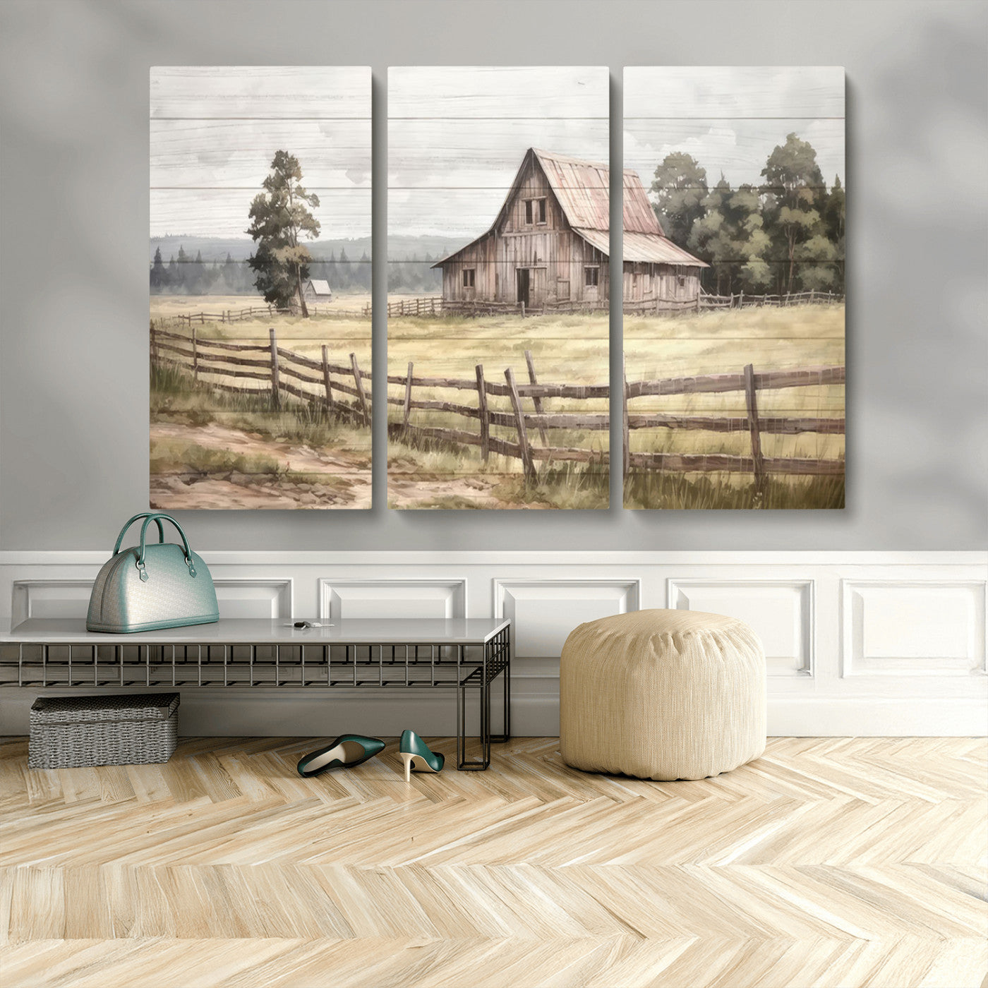 MGV-CV-48X32-3P - Rustic Farmhouse Barn Wall Art | 3-Panel Framed Gallery Wrap Giclee Canvas Print for Living Room, Farmhouse, or Office | Country Landscape Wall Art