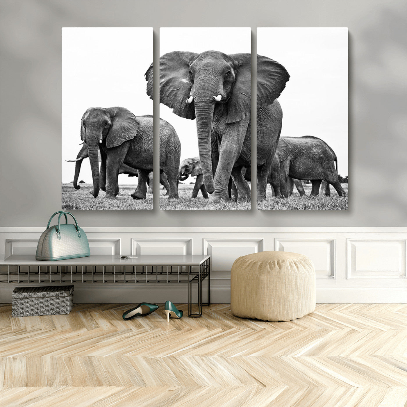 MGV-CV-48X32-3P - Black White Elephant Family Wall Art Canvas Print
