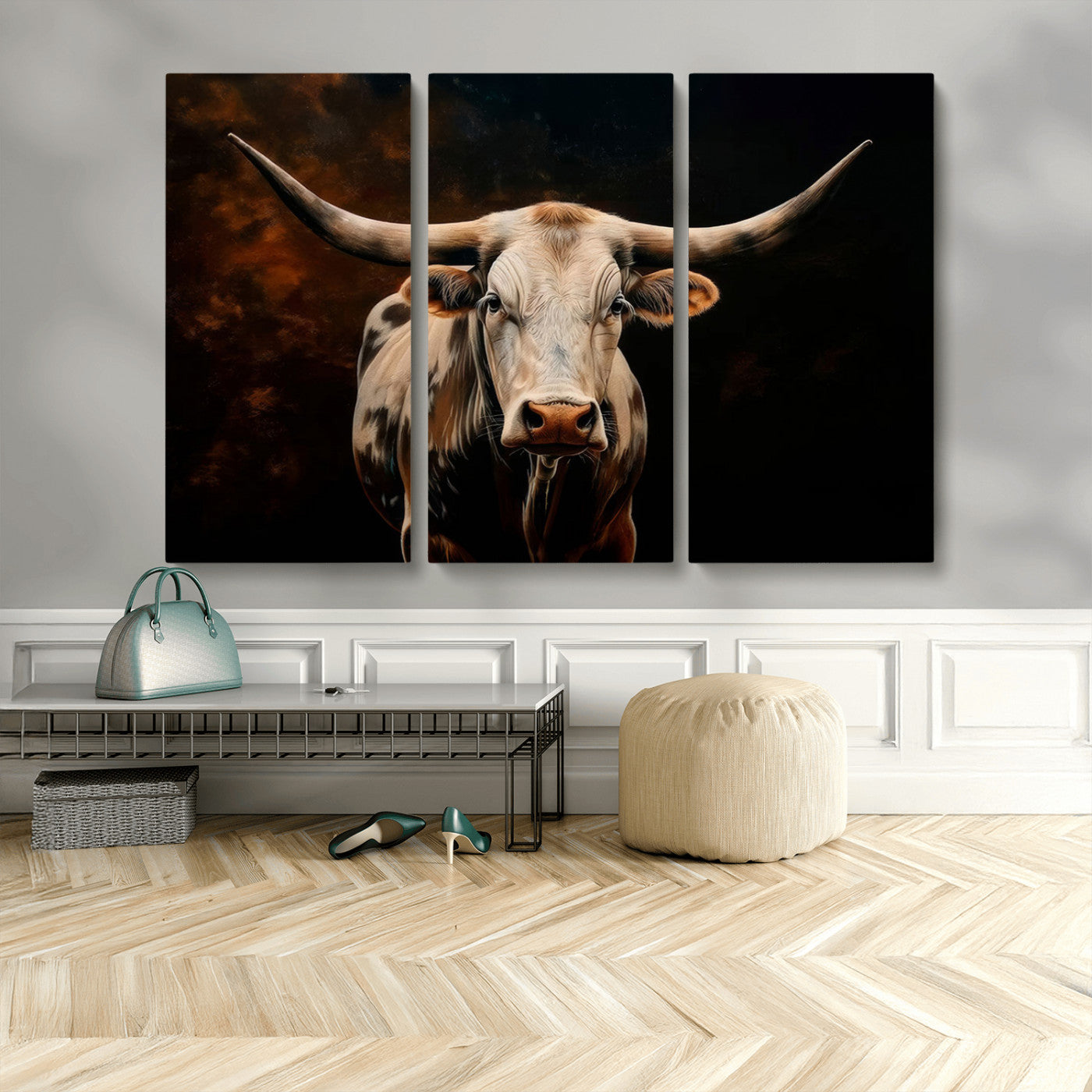 MGV-CV-48X32-3P - Texas Longhorn Wall Art | 3-Panel Large Texas Longhorn Canvas Print for Living Room, Office, or Farmhouse Decor | Framed Giclee Longhorn Wall Art