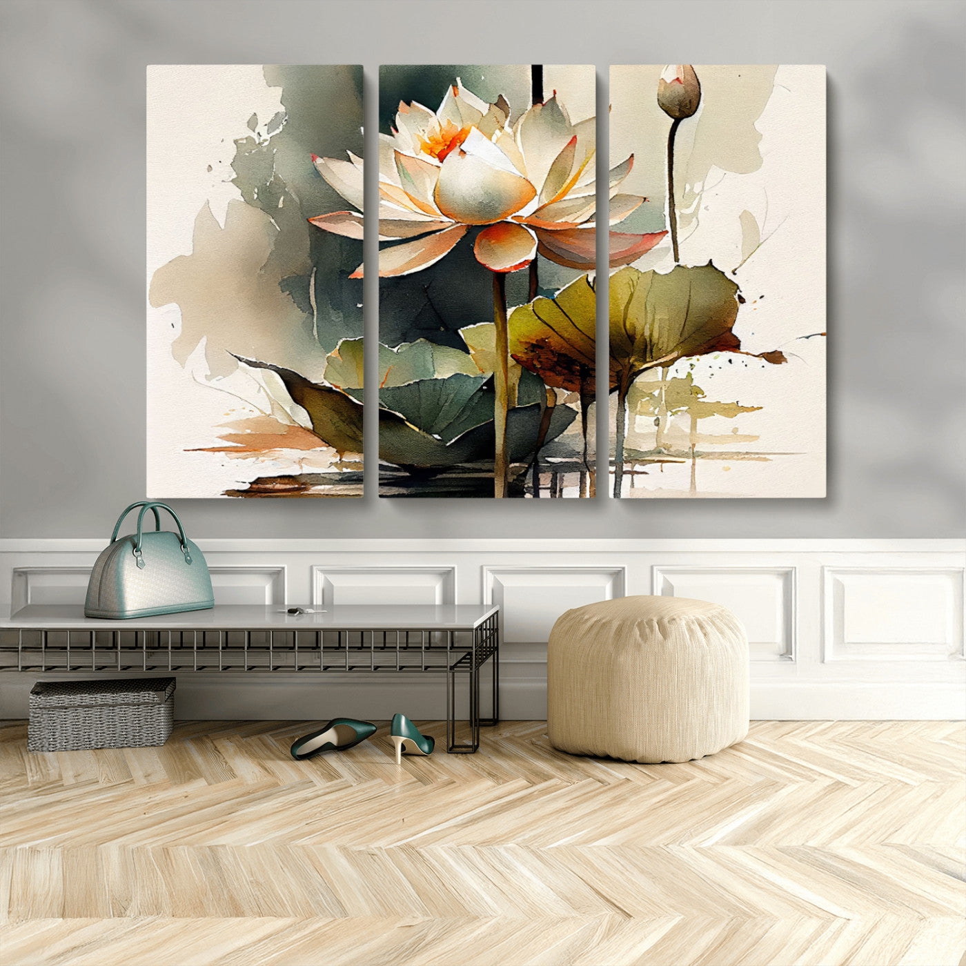 MGV-CV-48X32-3P - Lotus Flower Watercolor Canvas Print – A Symbol of Serenity and Growth, Captured in Soft Watercolors – Contemporary Wall Art for Tranquil Spaces