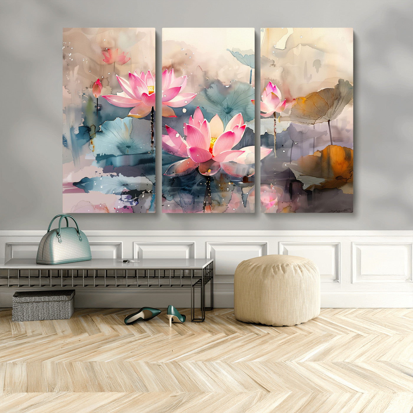 MGV-CV-48X32-3P - Lotus Flower Wall Art | 3-Panel Giclee Canvas Print of Pink Lotus Blossoms for Living Room, Bedroom, Office | Framed Lotus Floral Wall Art Decor Print