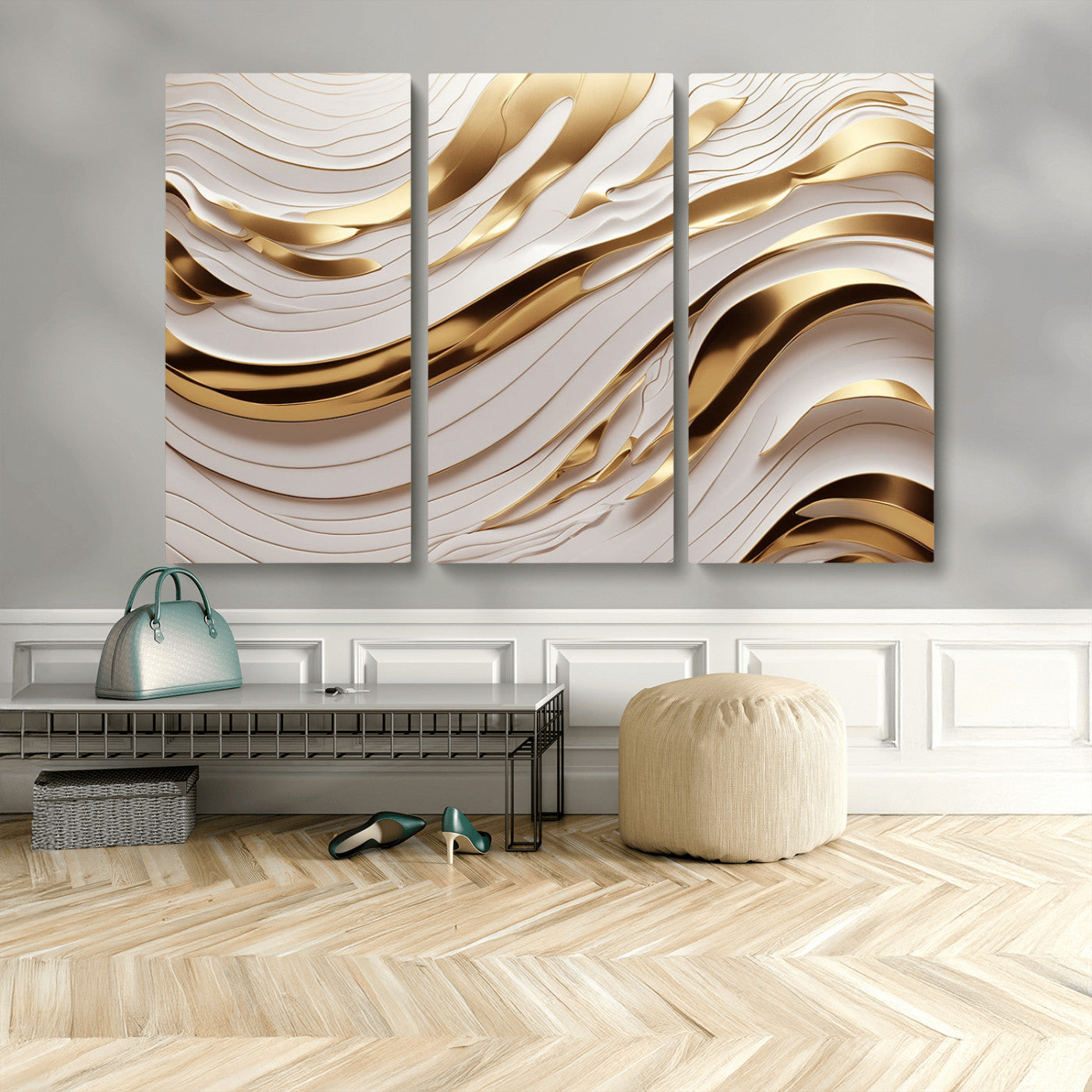 -Gold and White Abstract Wave Canvas – Elegant Flowing Design with Luxurious Golden Accents –