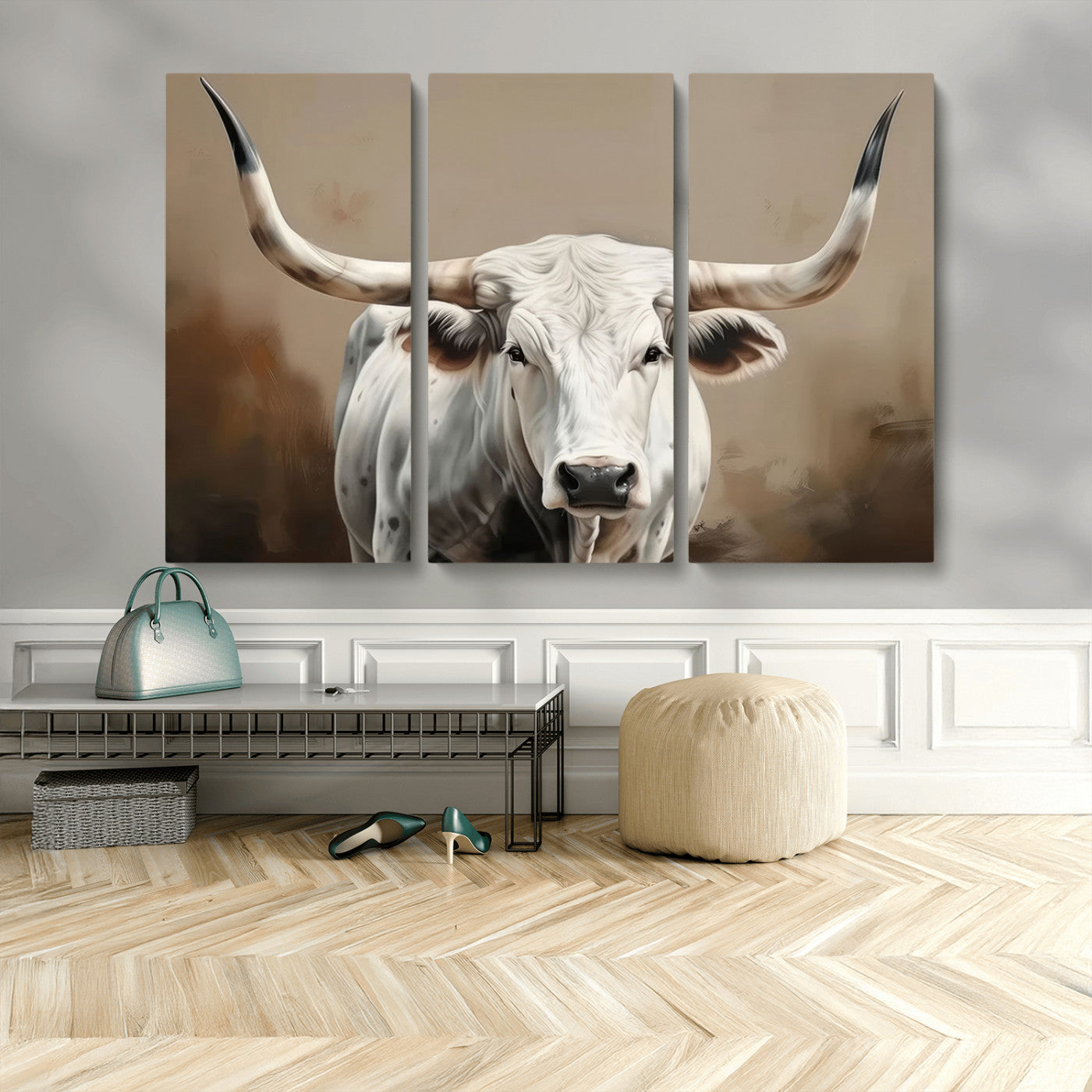 -White Longhorn Bull Wall Art Canvas Print – Framed and Ready to Hang – Perfect for Farmhouse and