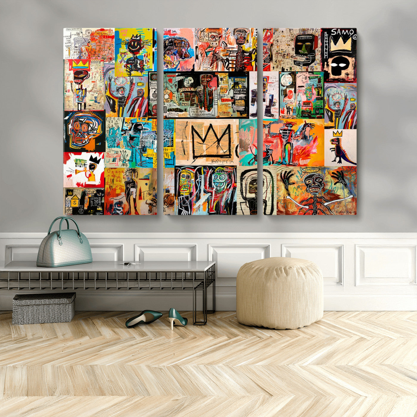 MGV-CV-48X32-3P - Basquiat Art Collage Wall Art Canvas Print – Framed, Ready to Hang, Urban Graffiti Style