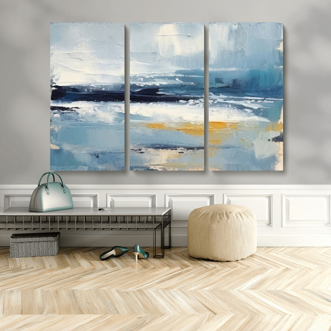 MGV-CV-48X32-3P - Abstract Ocean Canvas Wall Art - Coastal Blue and Gold Textured Painting, Modern Seascape Decor for Living Room Decor
