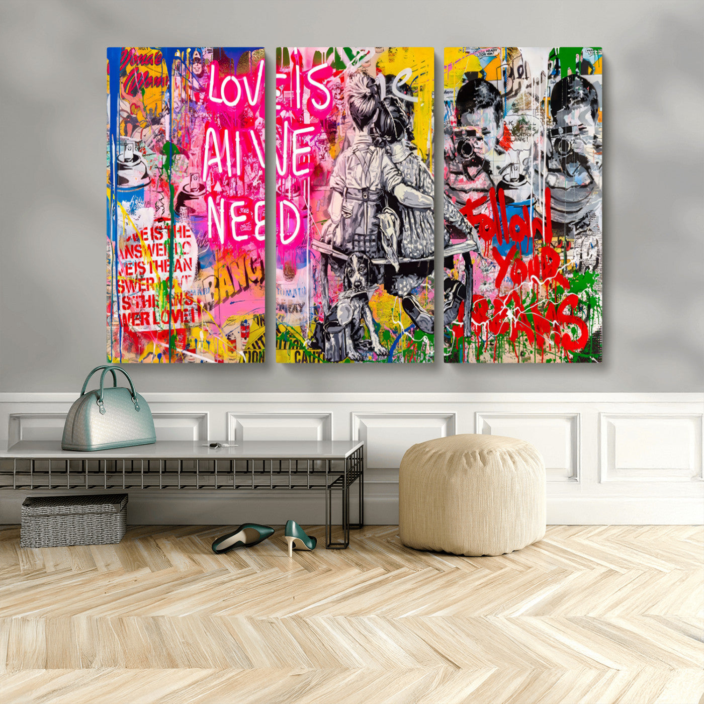 MGV-CV-48X32-3P - Follow Your Dreams & Love is All We Need Graffiti Street Art Triptych | 3-Panel Colorful Urban Wall Art for Living Room, Office, Loft Graffiti Wall Art Print