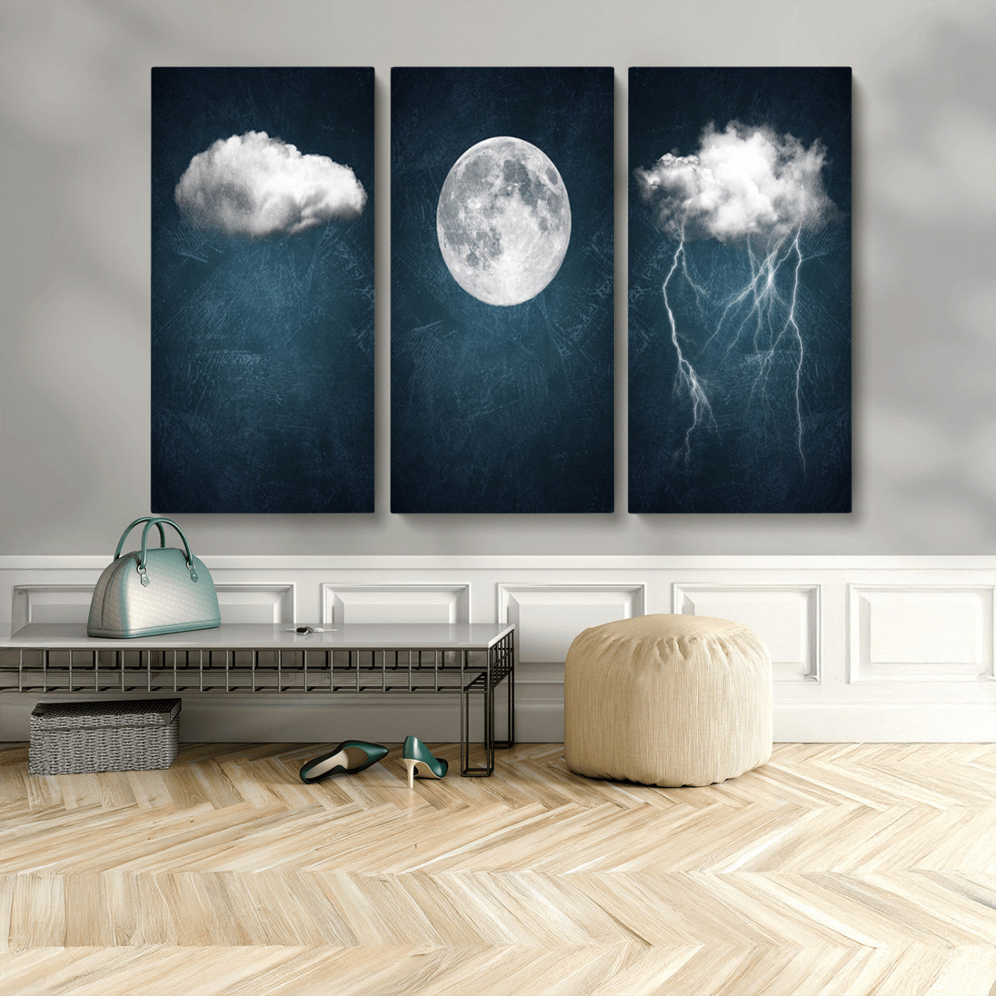 17673-MGV-CV-48X32-3P-3 Piece Indigo Cloud Wall Art, Thunderstorm Moon Cloud Artworks