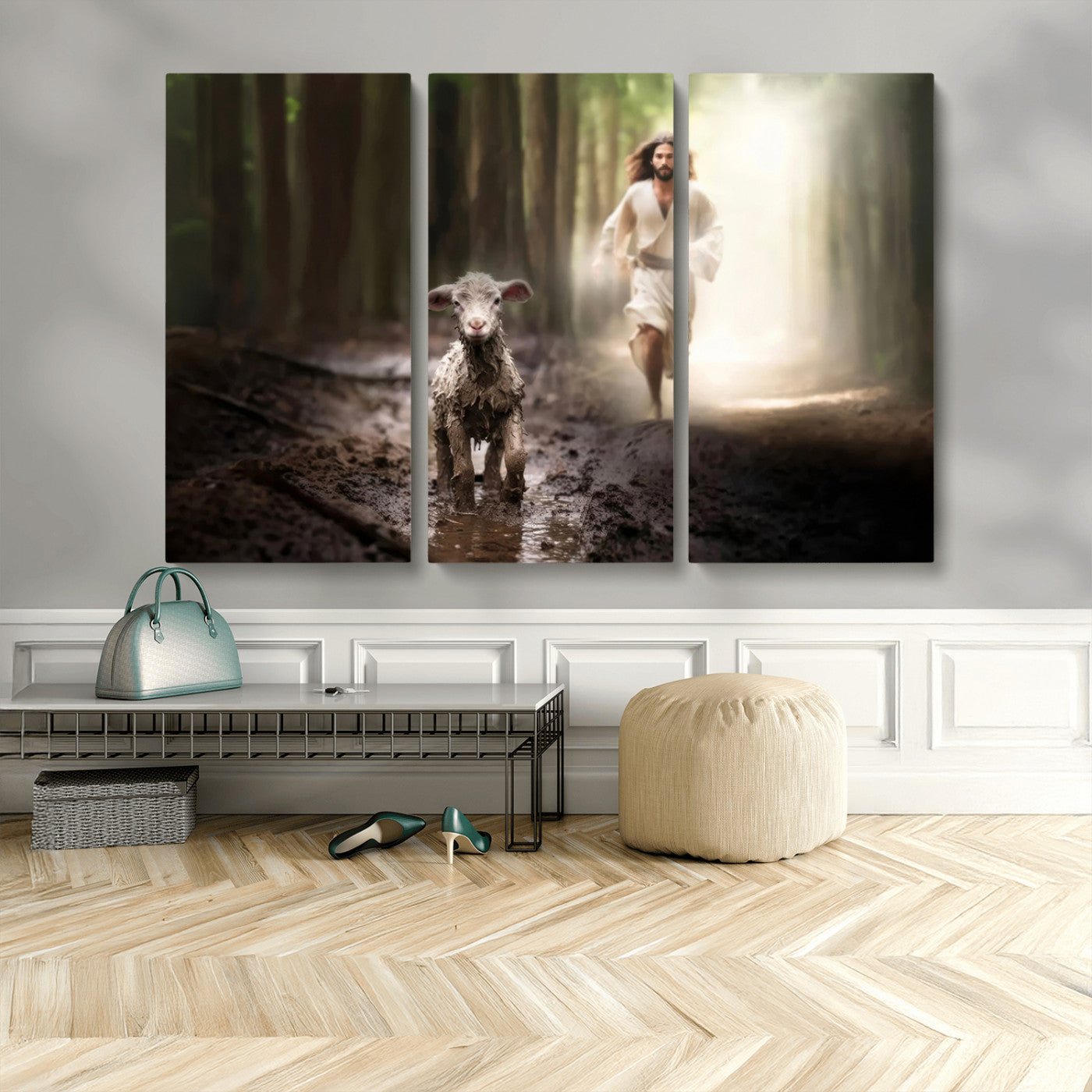 MGV-CV-48X32-3P - Jesus Canvas Wall Art - Jesus Running After Lost Lamb, Jesus, Christian Home Decor - Church Wall Art
