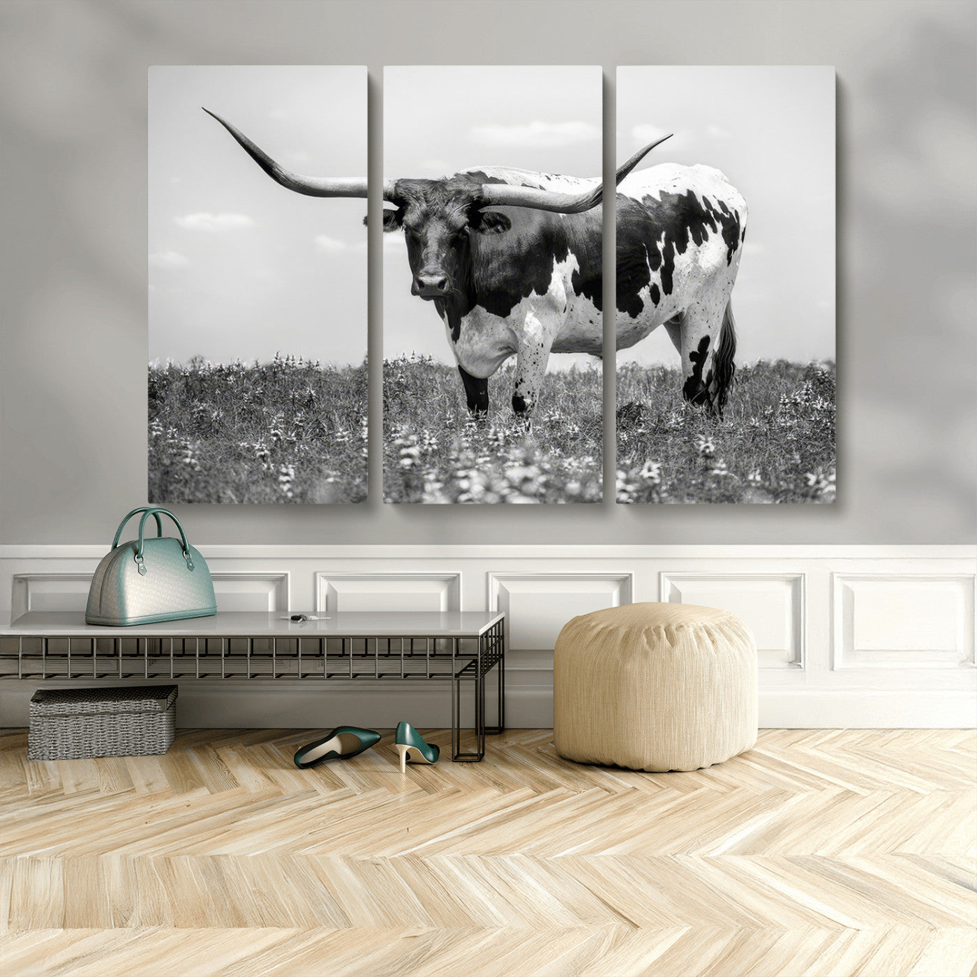 94709-MGV-CV-48X32-3P-Texas Black White Highland Longhorn Cow Wall Art Canvas Print