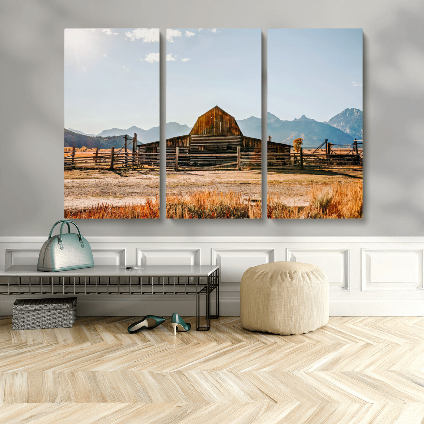 MGV-CV-48X32-3P - Vintage Old Barn Field Wall Art Canvas Print for Farmhouse Decor - Rustic Barn Wall Art Canvas Print