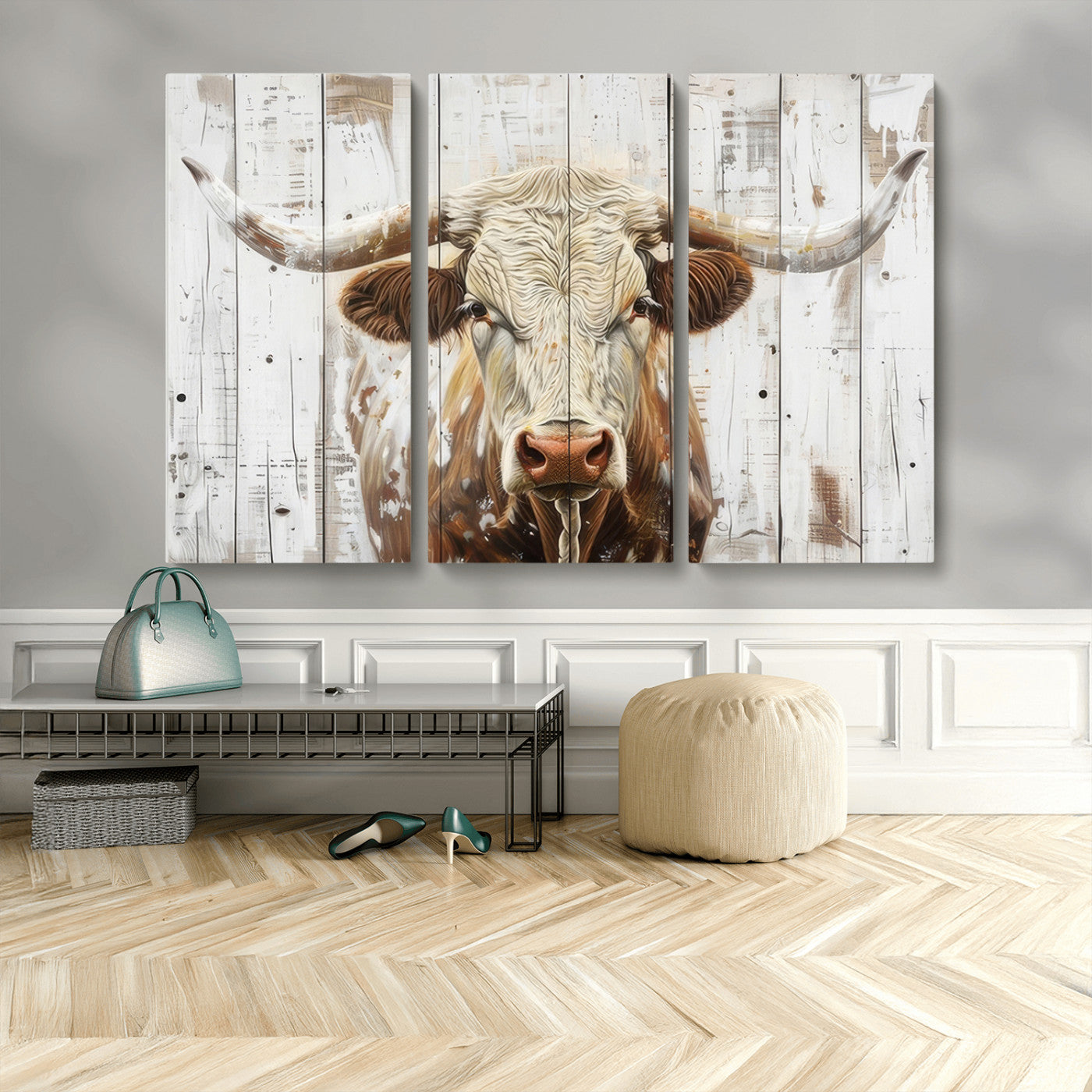 -Rustic Longhorn Bull Wall Art Canvas Set – Western-Inspired Farmhouse Décor - Ready to Hang