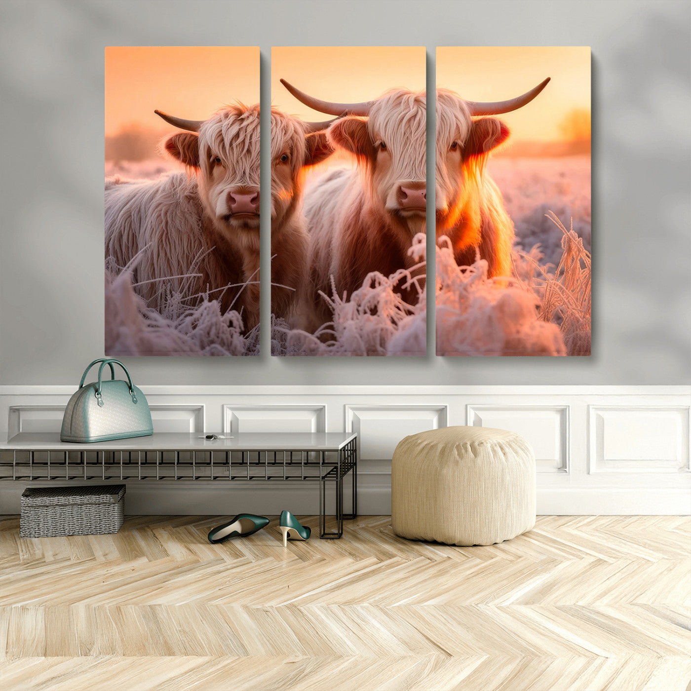 68253-MGV-CV-48X32-3P-Highland Cows at Sunrise Wall Art Canvas Set – Serene and Rustic Farmhouse Decor