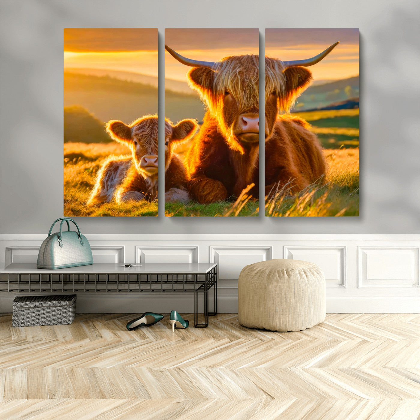 20567-MGV-CV-48X32-3P-Scottish Cow and Baby Cow Canvas Wall Art Animal Print Fluffy Cattle Framed Farmhouse Decor