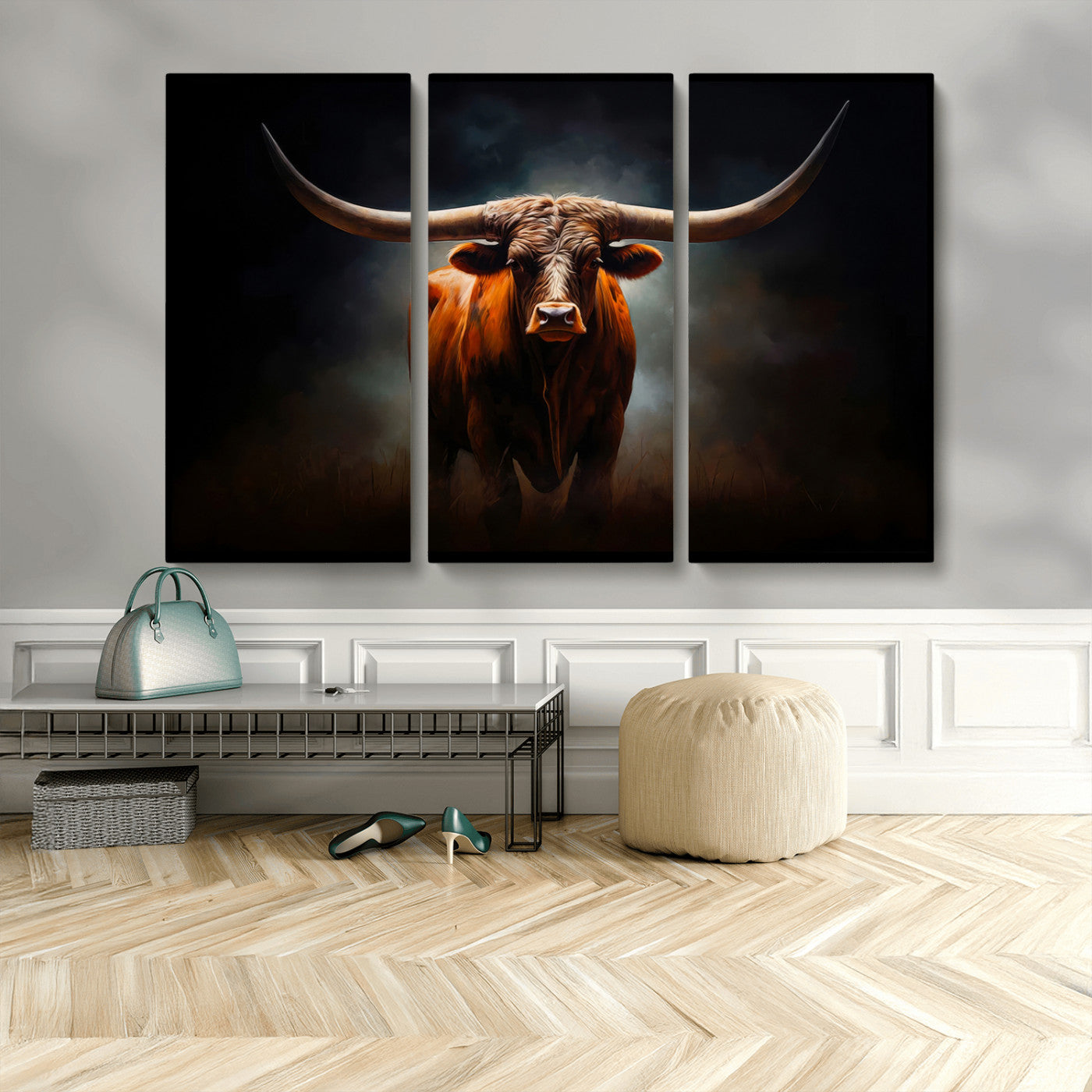 MGV-CV-48X32-3P - Abstract Texas Longhorn Wall Art Print | 3-Panel Large Texas Longhorn Canvas Print for Living Room, Office  Farmhouse Decor | Framed Longhorn Wall Art