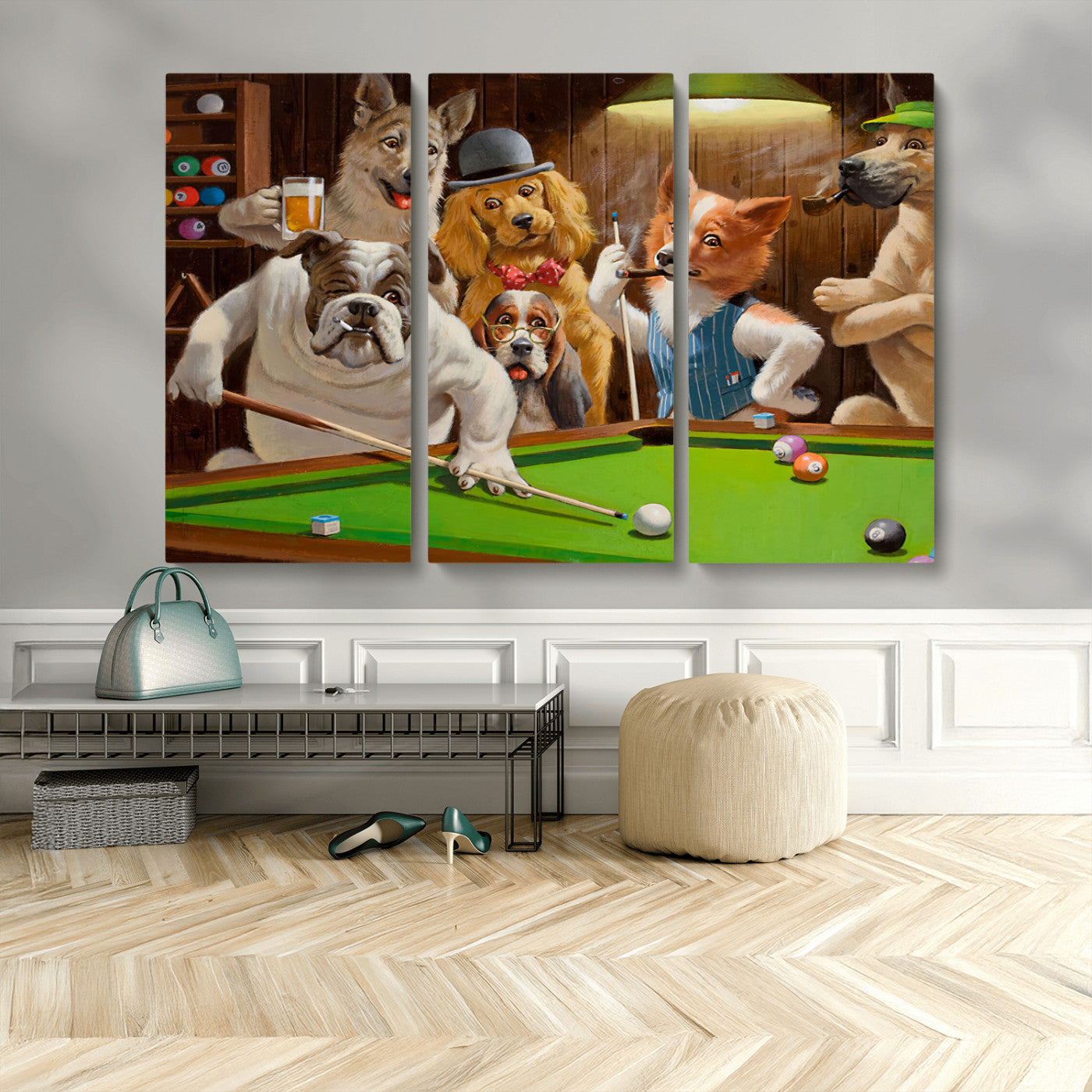 MGV-CV-48X32-3P - Dogs Playing Pool Canvas Wall Art Funny Gifts Dog Print