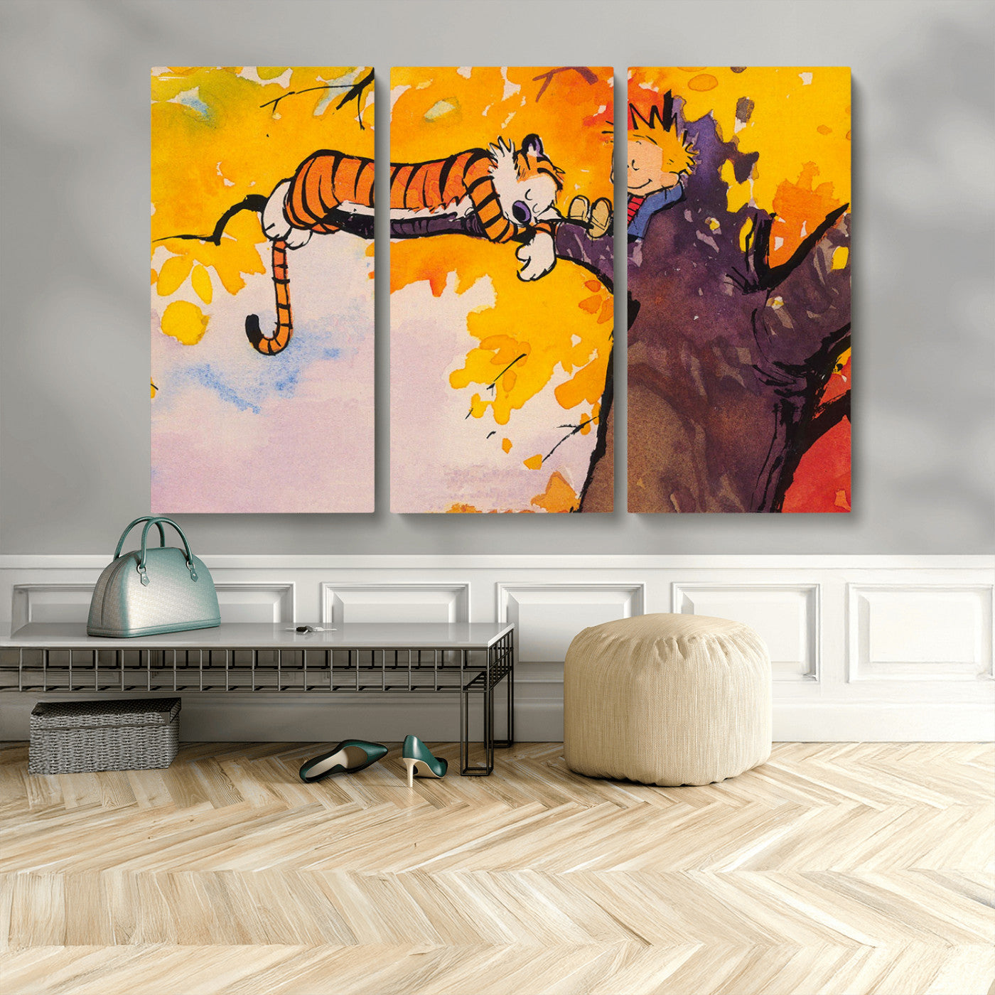 MGV-CV-48X32-3P - Calvin and Hobbes Tree Scene Canvas Print | 3 Panel Large Wall Art for Living Room or Kid’s Room,