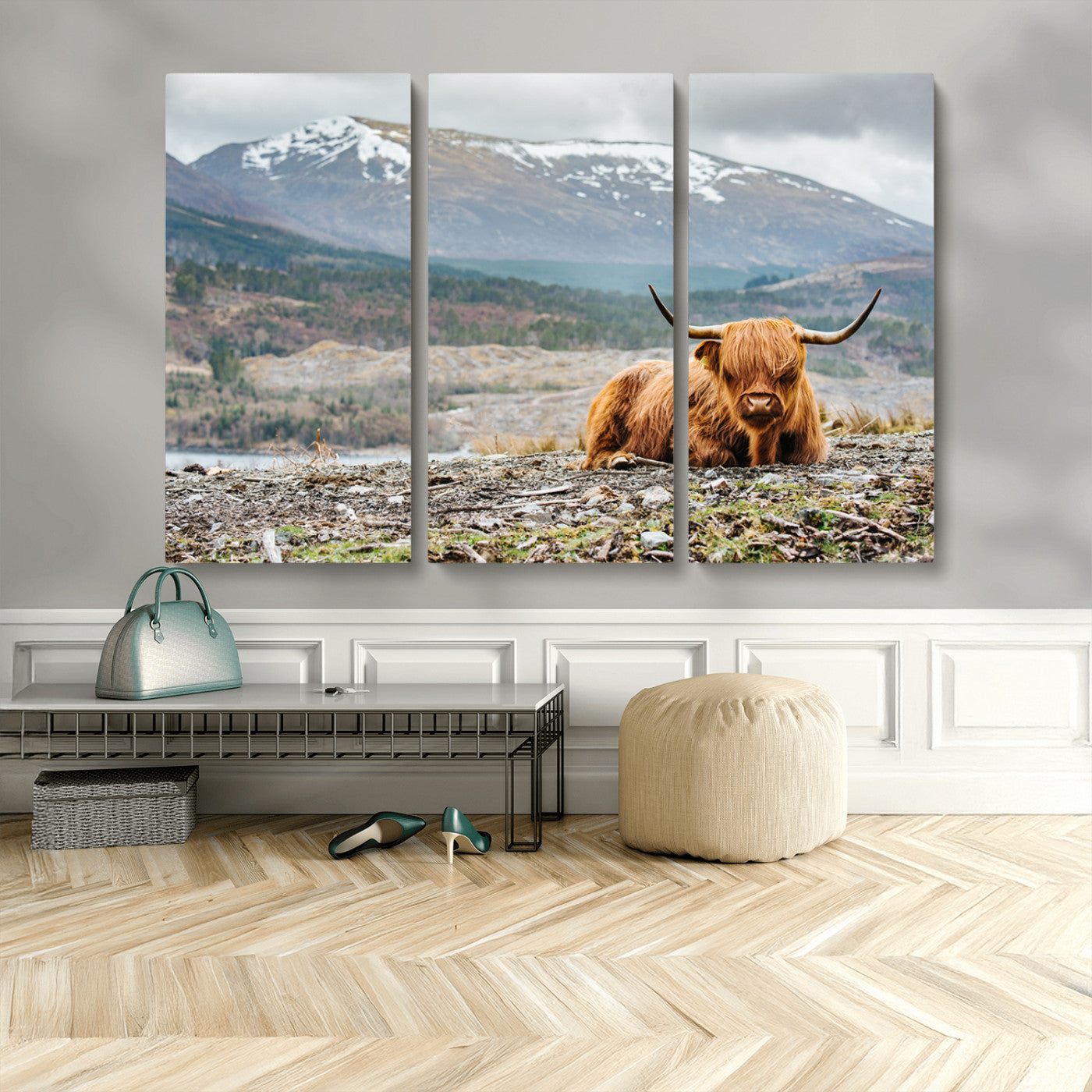 80252-MGV-CV-48X32-3P-Highland Cow Horn Farm Wall Art Canvas Print