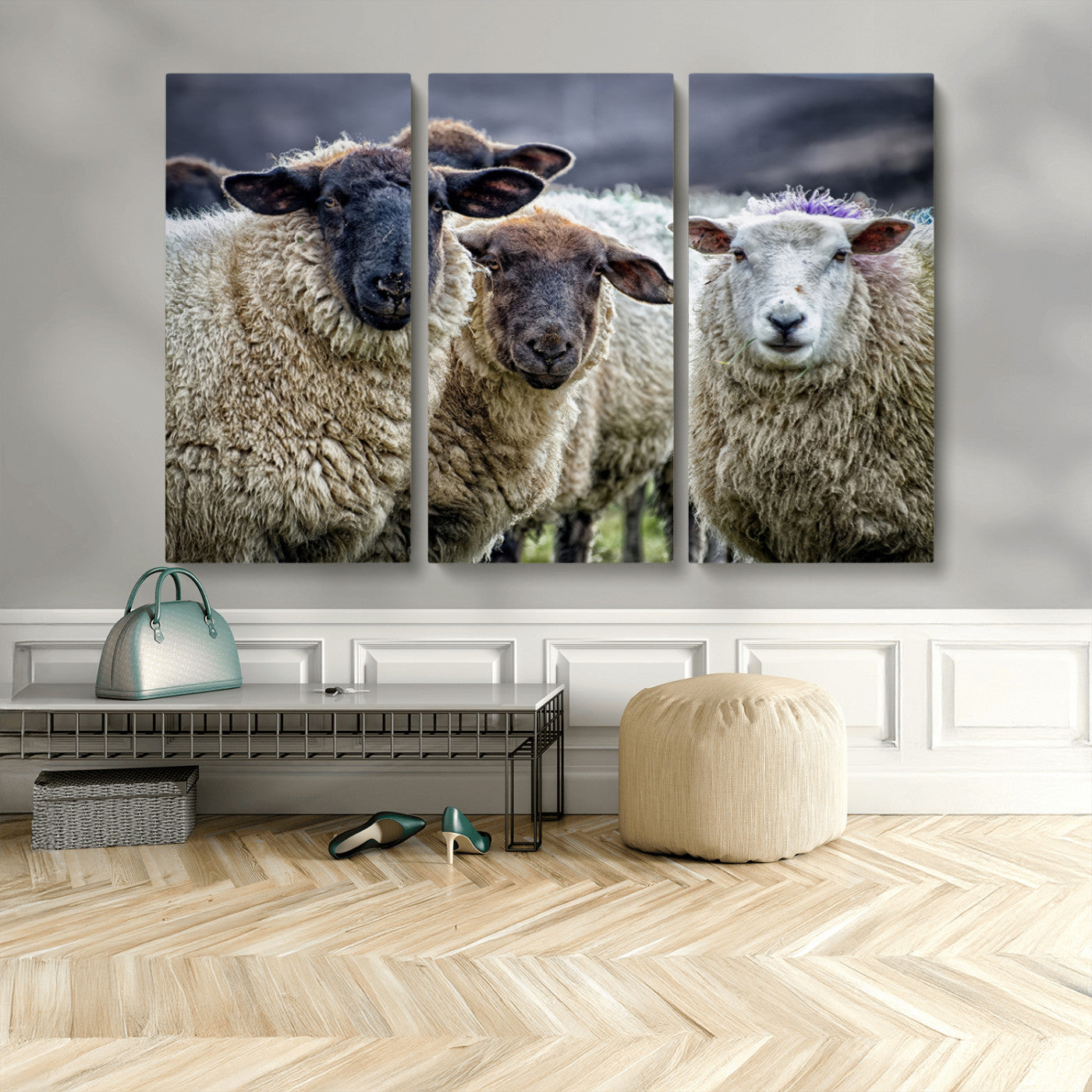 -Charming Sheep Portrait Wall Art – Trio of Woolly Companions Canvas Print, Framed, Ready to Hang