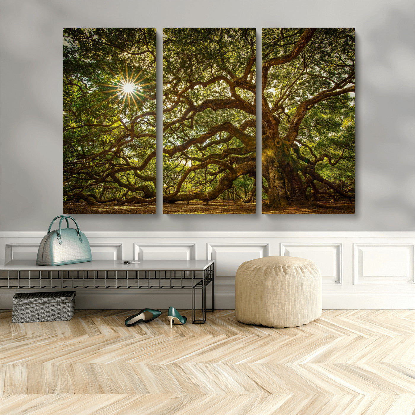 MGV-CV-48X32-3P - Ancient Angel Oak Tree Art Sunburst Canvas Print- Nature-Inspired Triptych Canvas Print, Framed, Ready to Hang