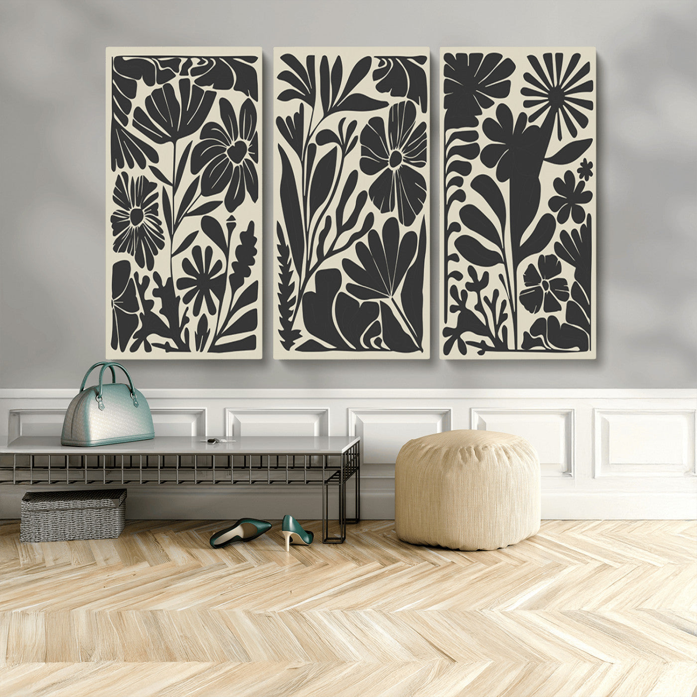 MGV-CV-48X32-3P - Modern Botanical Wall Art - Floral Black and White Canvas Print, Framed, Ready to Hang