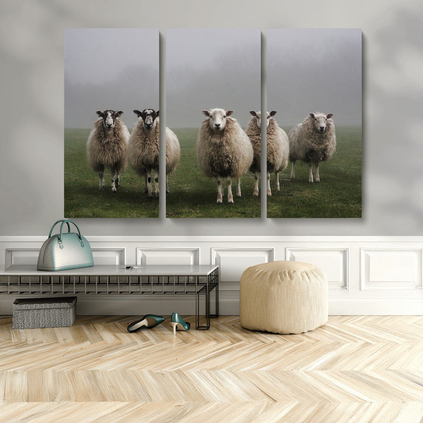 87339-MGV-CV-48X32-3P-Flock of Sheep in a Mystical Fog – Pastoral Wall Art Canvas Print, Framed, Ready to Hang