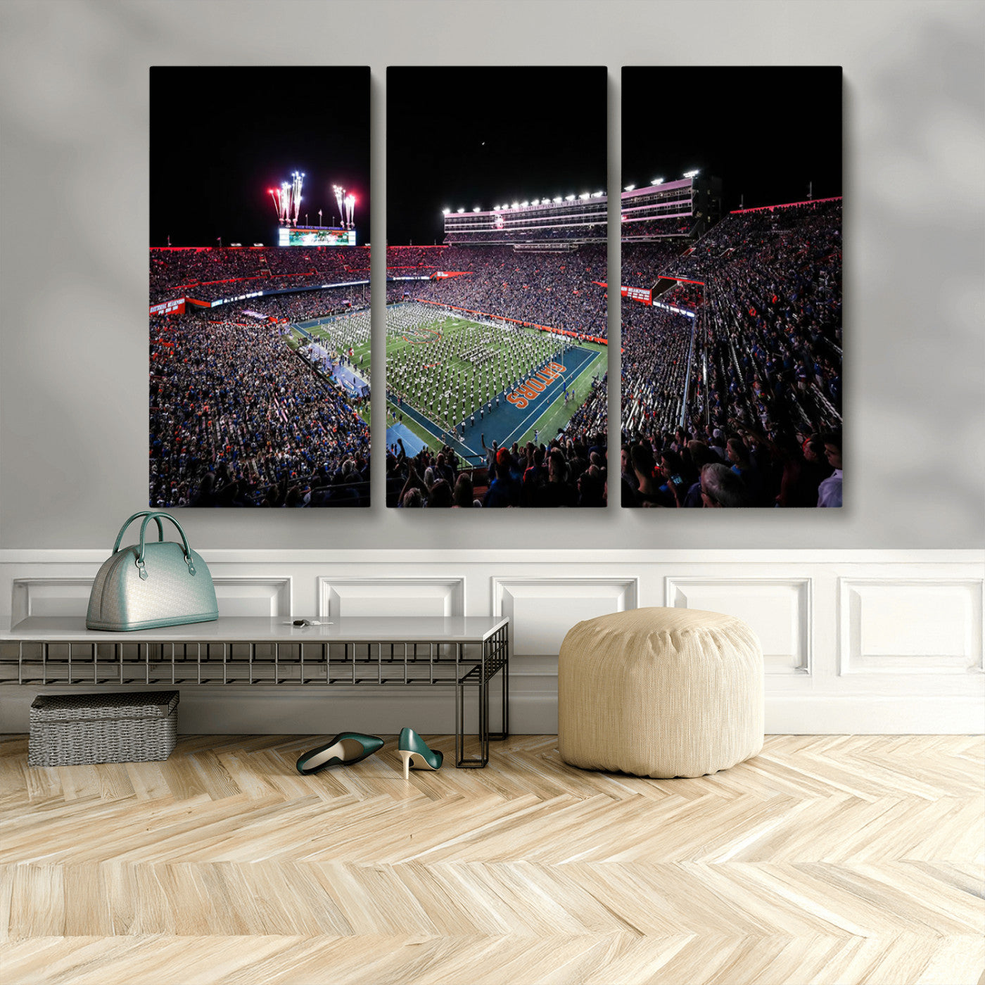 MGV-CV-48X32-3P - Ben Hill Griffin Stadium Night Game Triple Canvas Wall Art - Florida Gators Football Match