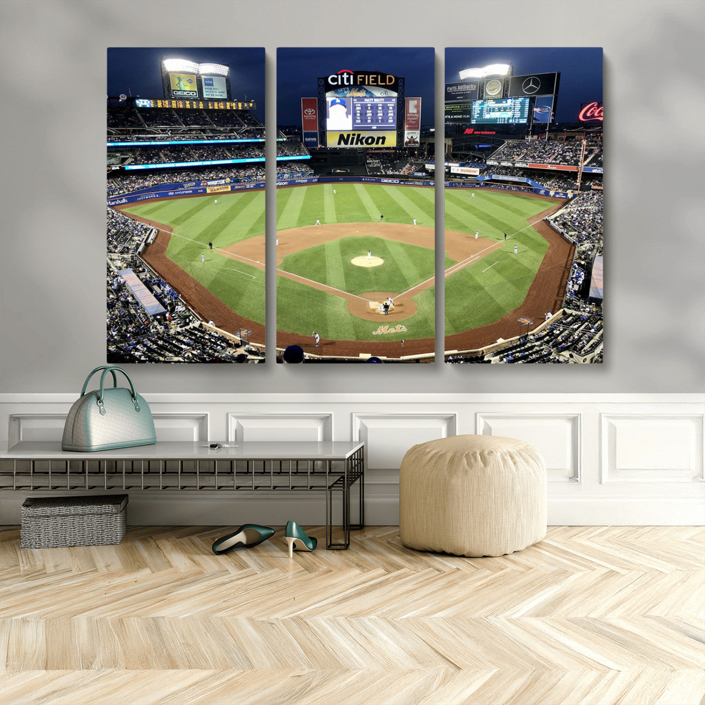 MGV-CV-48X32-3P - Citi Field Wall Art Print | 3-Panel New York Mets Baseball Stadium Canvas Print | Framed Sports Decor for Living Room, Man Cave, or Office Decor
