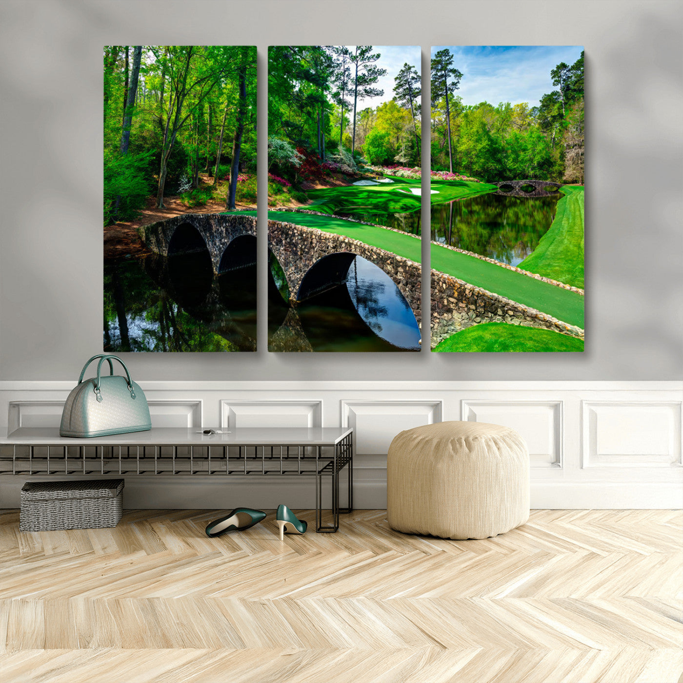 MGV-CV-48X32-3P - Augusta National Golf Club Wall Art - Panoramic Bridge & Lush Greenery – Premium Framed, Ready-to-Hang Triptych Canvas
