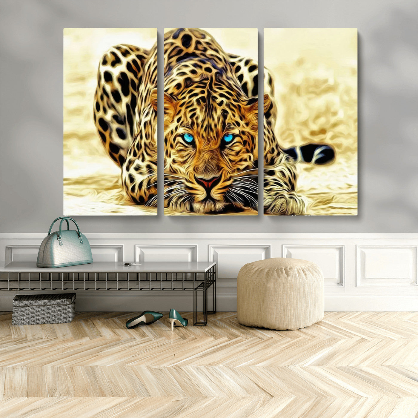 45281-MGV-CV-48X32-3P-Blue-Eyed Leopard Canvas Wall Art - Framed Animal Print Ready to Hang - Fierce and Bold Decor for