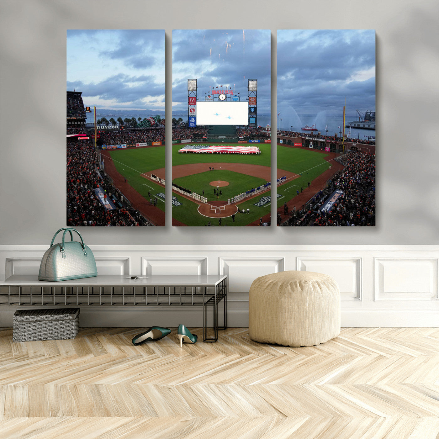 MGV-CV-48X32-3P - Oracle Park San Francisco Giants Wall Art | 3-Panel Canvas Print of Oracle Park Stadium | Large Framed Baseball Wall Decor | Ready-to-Hang MLB Canvas Print