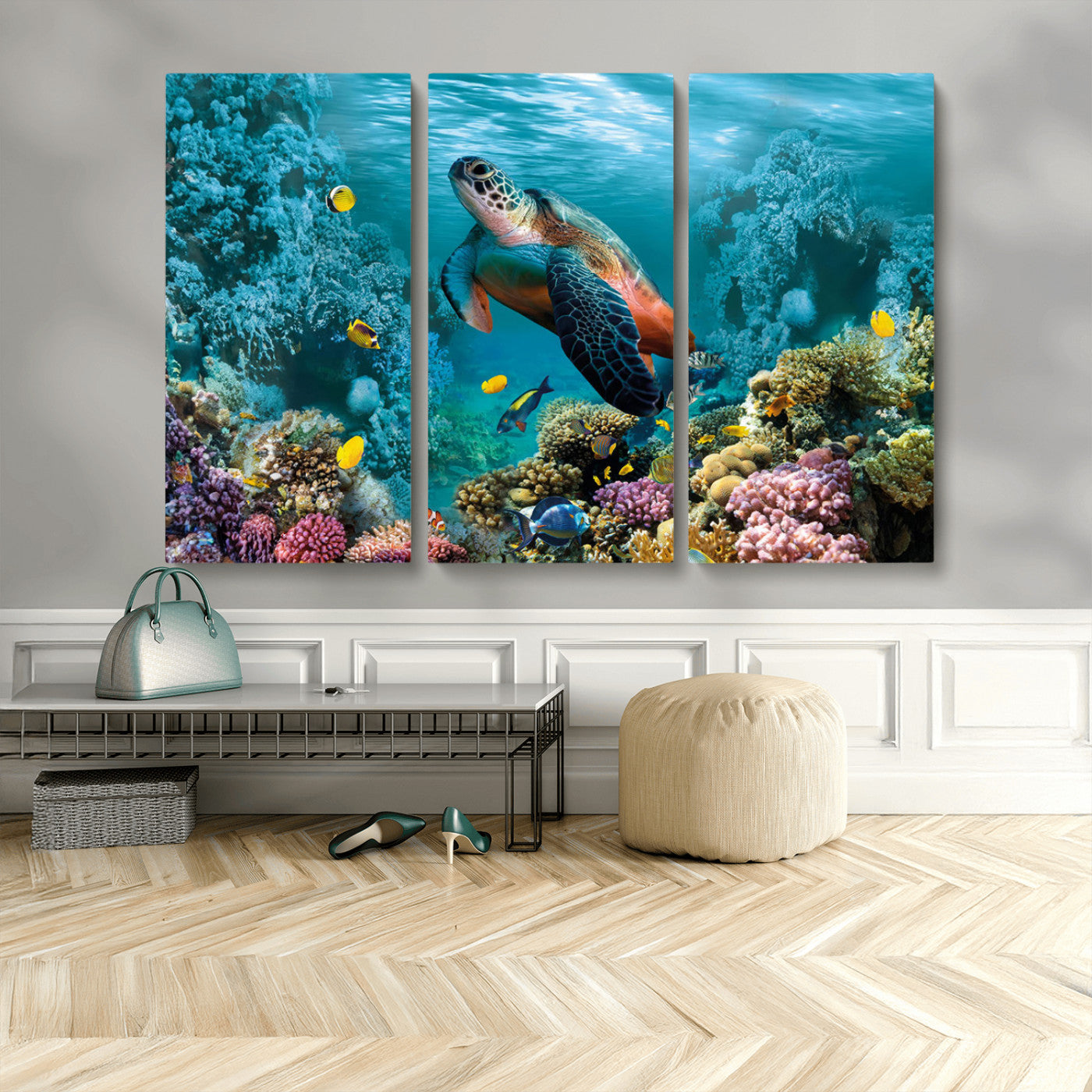 MGV-CV-48X32-3P - Sea Turtle and Coral Reef Triptych Wall Art – Vibrant Underwater Scene Canvas Set for Ocean Lovers and Coastal Decor – Ready to Hang 3-Panel Artwork