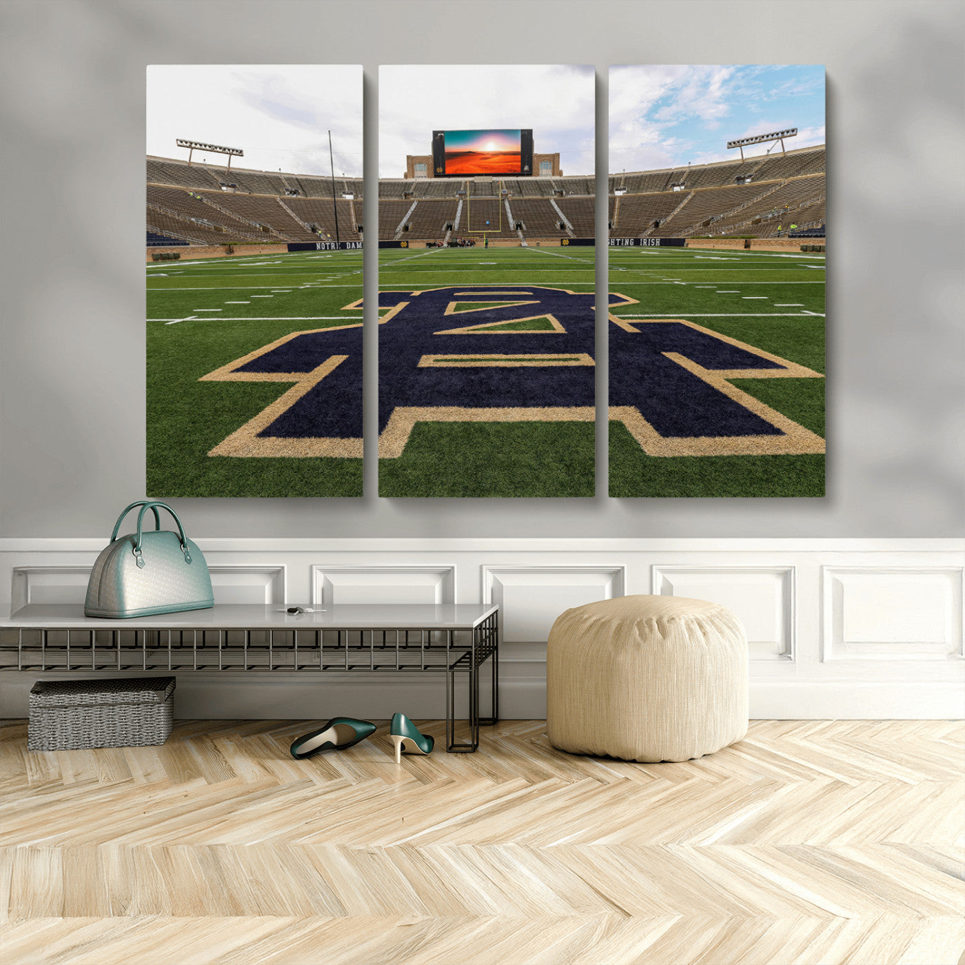 MGV-CV-48X32-3P - Notre Dame Stadium Giclee Canvas Print | Triptych Wall Art Featuring Iconic Notre Dame Football Field | Ready-to-Hang Sports Stadium Decor