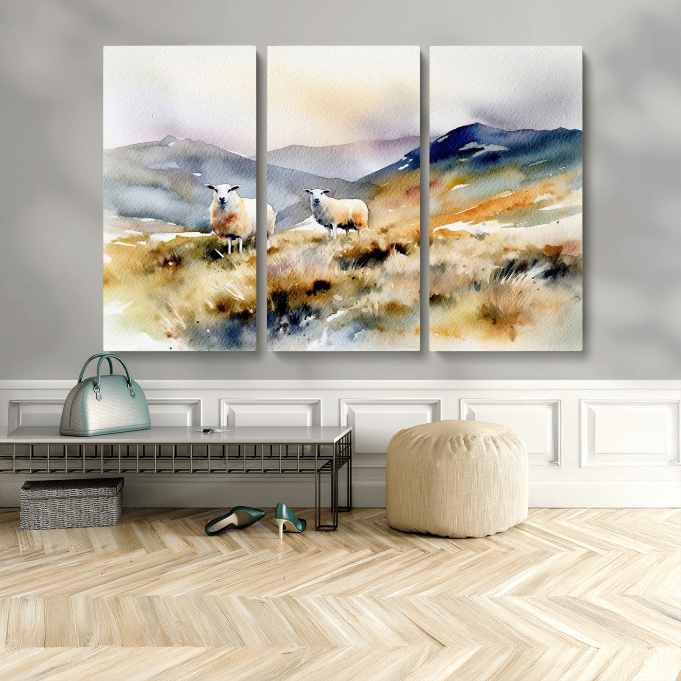58145-MGV-CV-48X32-3P-Watercolor Sheep for Farmhouse Decor Wall Art Canvas Print, Mountain Wall Art Print