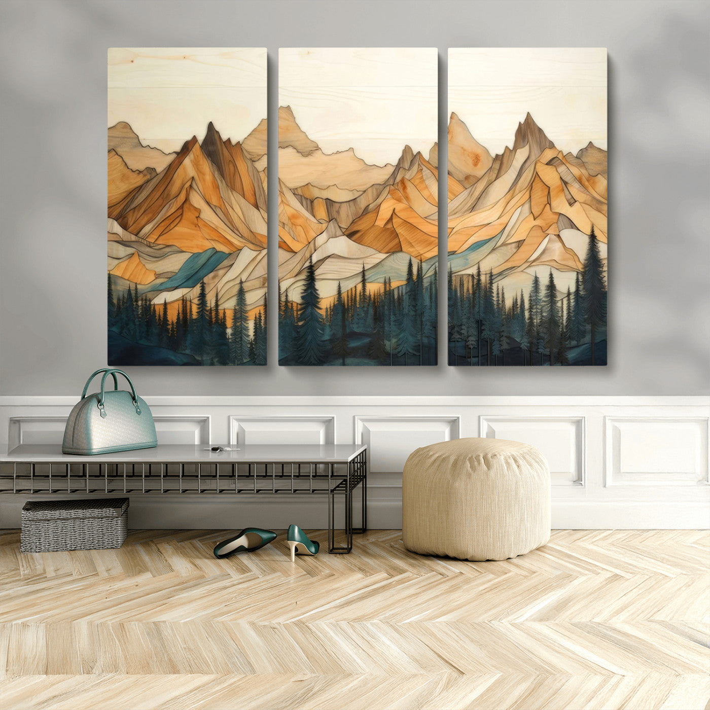 31576-MGV-CV-48X32-3P-Rustic Wood Mountain Wall Art Print | Triptych Giclee Print Featuring Handcrafted Forest and