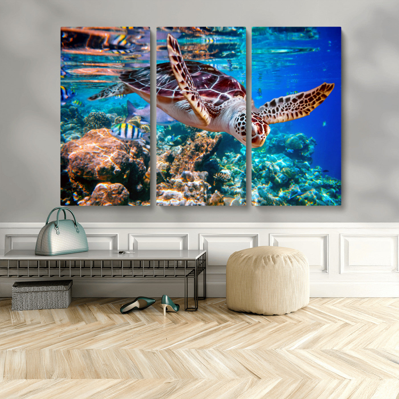 MGV-CV-48X32-3P - Underwater Coral Reef Sea Turtle Wall Art Canvas Print, Vibrant Marine Life | Colorful Ocean Scene