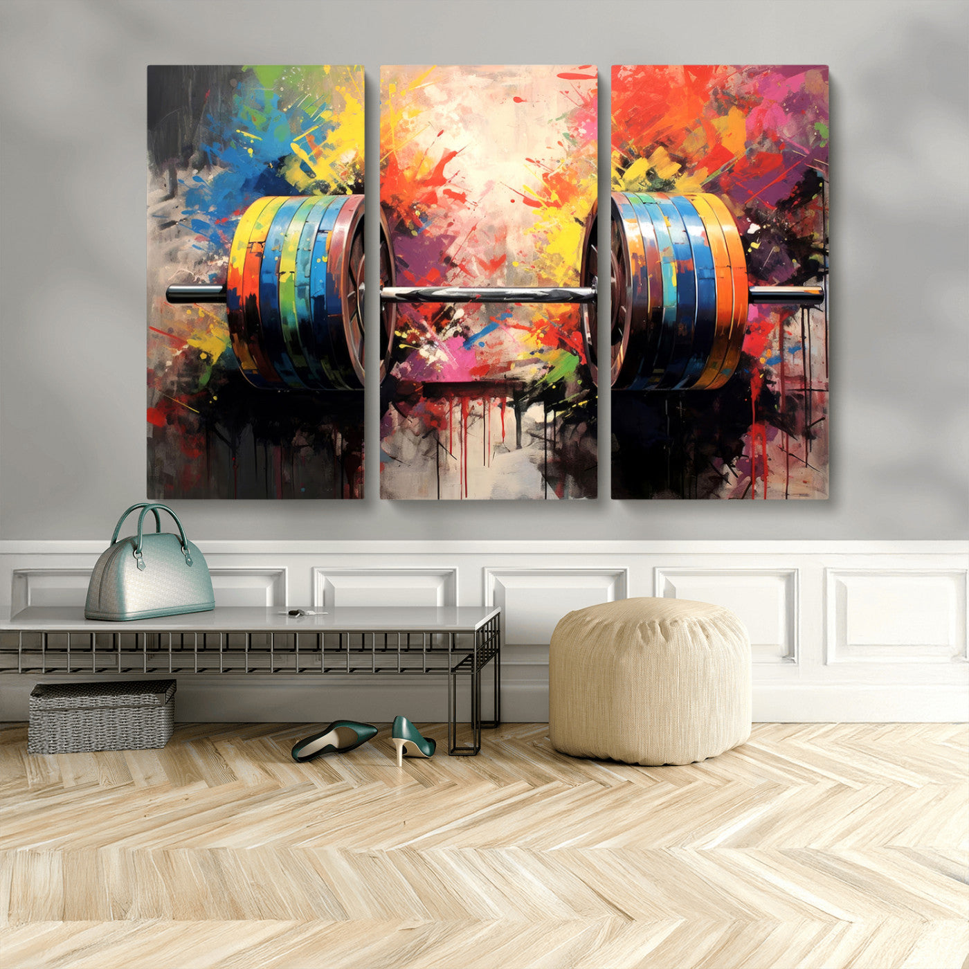 MGV-CV-48X32-3P - Weightlifting Barbell Art Triptych, Bold Abstract Fitness Wall Decor for Gym or Home, Giclee Canvas Print