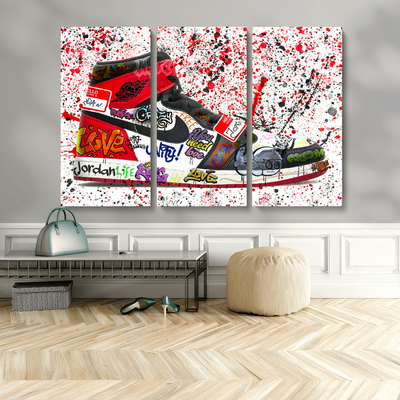 MGV-CV-48X32-3P - Jordan Shoes Graffiti Wall Art Canvas Print- Jordan Graffiti Canvas Wall Art - Framed Perfect for Sneaker heads and Urban Art Lovers