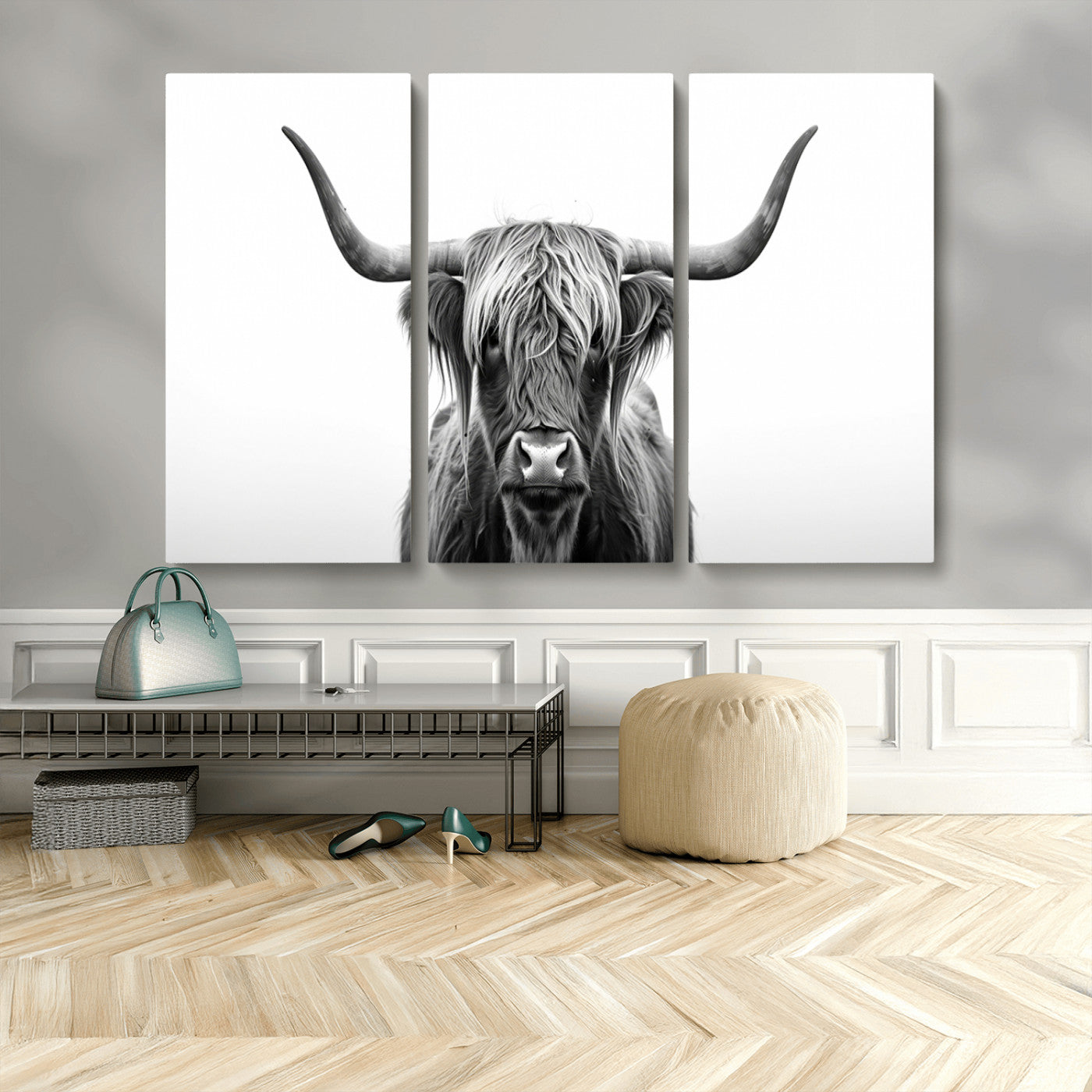 MGV-CV-48X32-3P - Highland Wall Art Canvas Print – Minimalist Black and White Farmhouse Décor, Ready to Hang