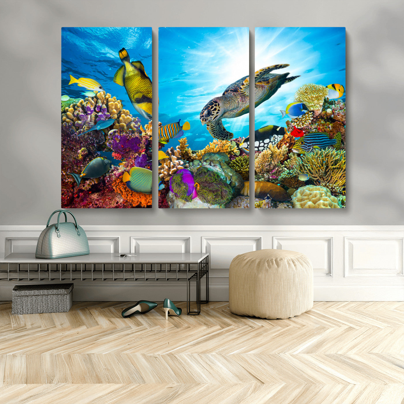 44772-MGV-CV-48X32-3P-Colorful Coral Reef and Sea Life Turtle Canvas Print, Underwater Tropical Ocean Wall Art for Home