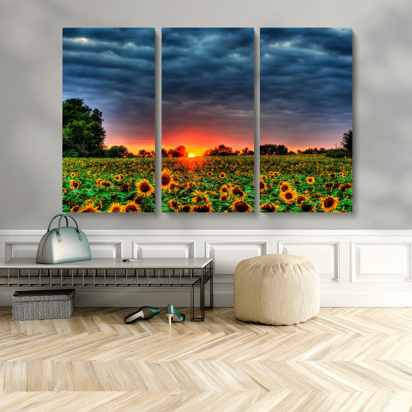 MGV-CV-48X32-3P - Golden Sunflower Field at Sunset – Breathtaking Sky and Vibrant Flowers, Ready to Hang Wall Art
