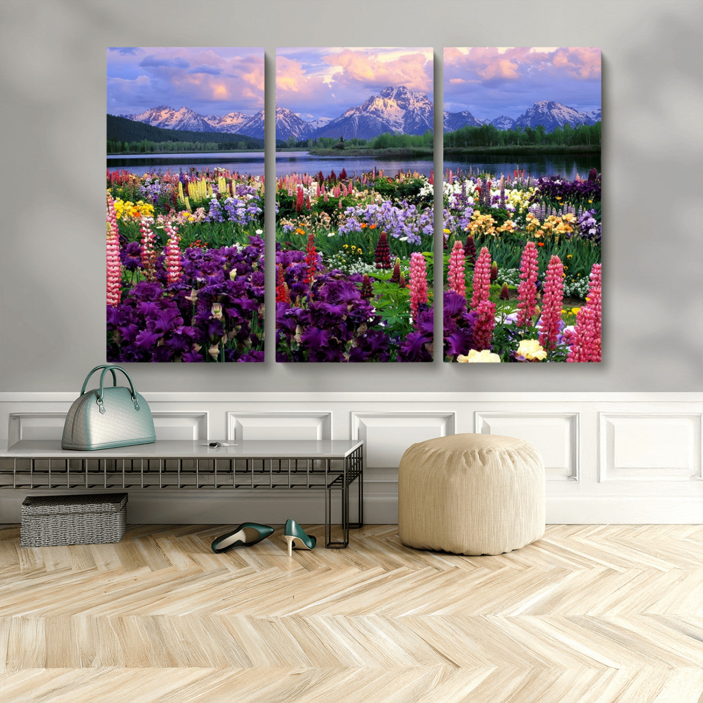 MGV-CV-48X32-3P - Vibrant Wildflower Garden and Mountain View Giclee Canvas Print | Floral Wall Art for Living Room