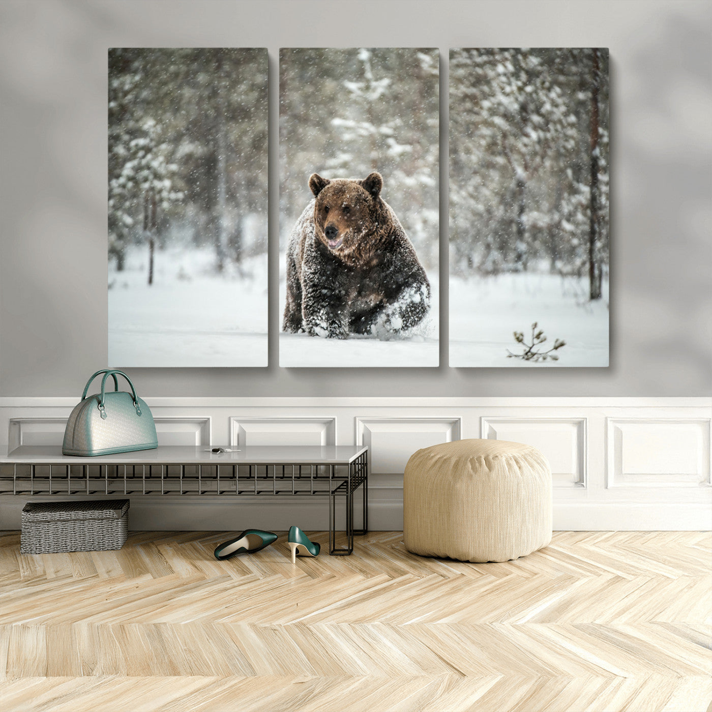A majestic brown bear moves through a snowy forest landscape, surrounded by falling snowflakes, capturing the essence of wildlife in winter.
