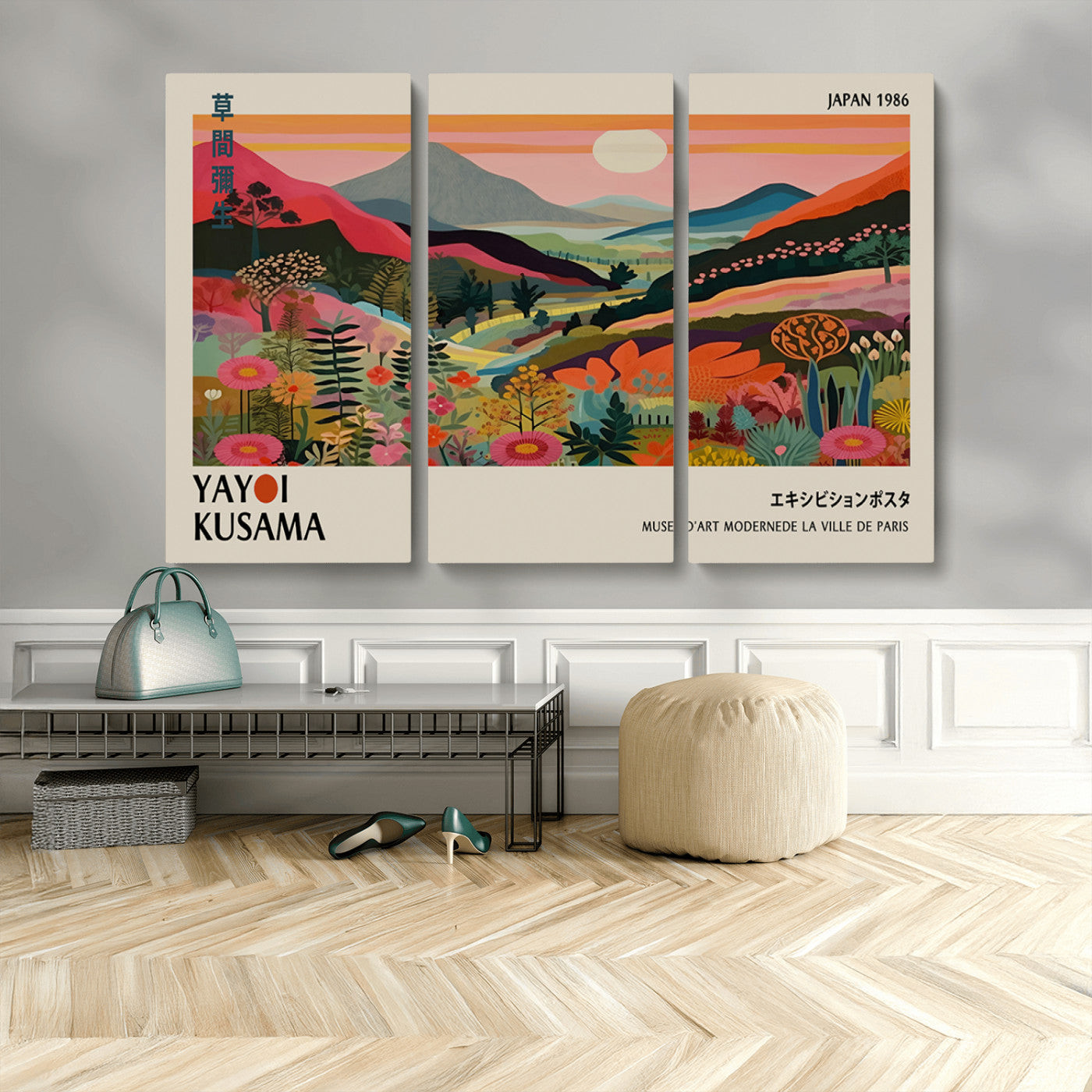 MGV-CV-48X32-3P - Yayoi Kusama Landscape Canvas Print, Vibrant Floral Mountain Art Print, Botanical Flower Nature