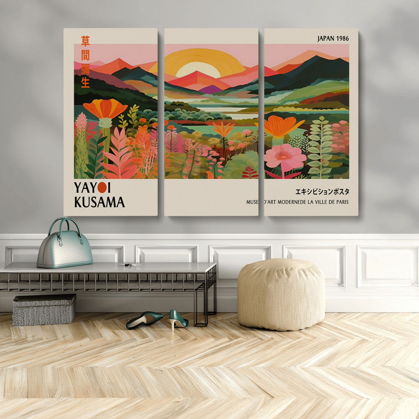 MGV-CV-48X32-3P - Framed Yayoi Kusama Print, Vibrant Floral Mountain Art Print, Botanical Flower Nature Decor, Sunset