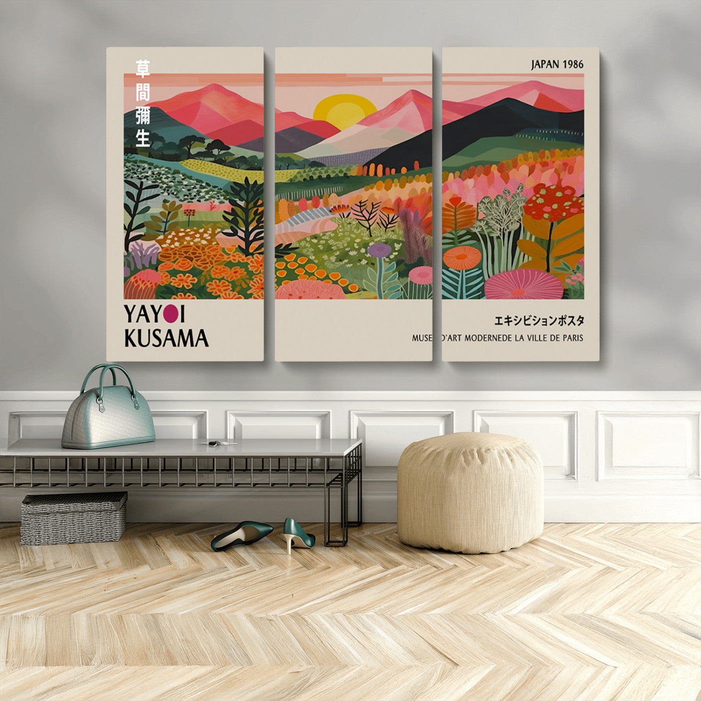 MGV-CV-48X32-3P - Yayoi Kusama Landscape Canvas Print, Vibrant Floral Mountain Art Print, Framed Botanical Wall Art -
