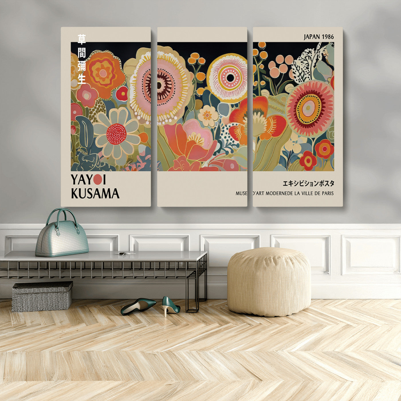 MGV-CV-48X32-3P - Yayoi Kusama Landscape Canvas Print, Vibrant Floral Mountain Art Print, Botanical Flower Nature Decor, Sunset Scenery Artwork